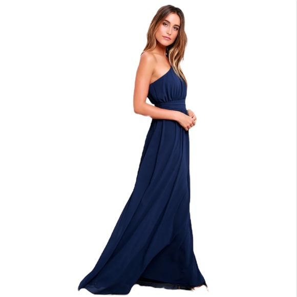 Lulus Looking Glass Women's Large One-Shoulder Maxi Dress Navy Blue - Picture 2 of 13